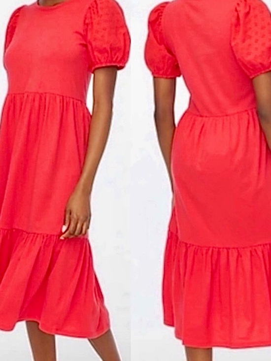 J. Crew Dresses & Skirts - J. Crew “Fit and Flare” Bright Coral-Red Midi Dress with Puff Sleeves | Medium
